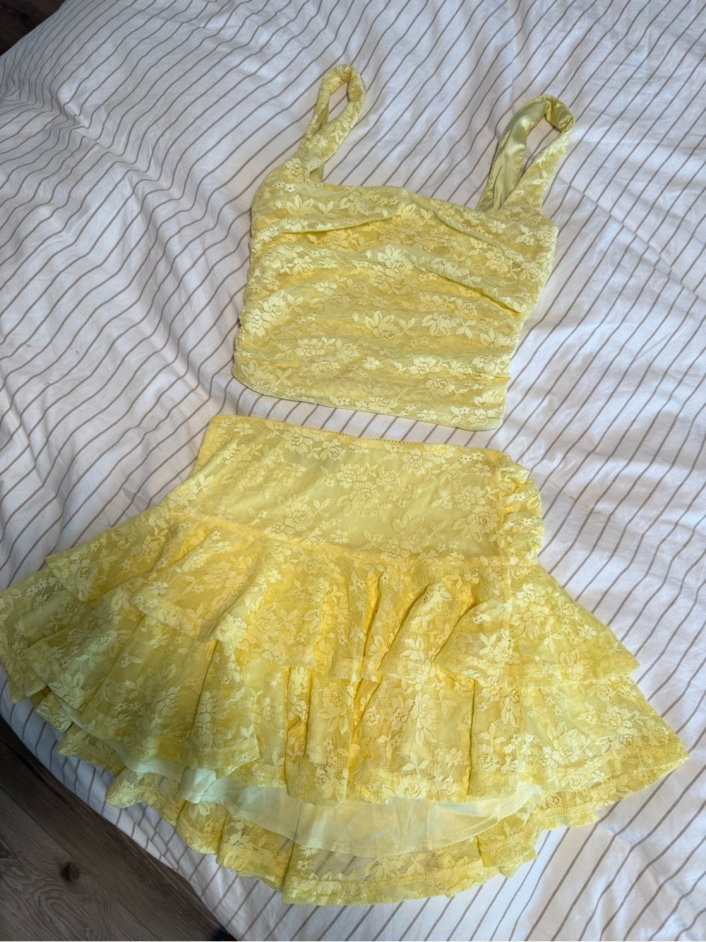 White Fox Boutique Yellow Lace Two-Piece Crop Top & Tiered Skirt